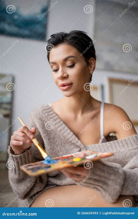 Seductive Brunette Artist In Sweater Mixing Stock Image Image Of Beautiful Brunette