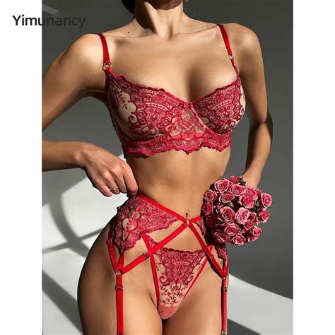 Yimunancy Embroidery Lingerie Set Women Piece Sheer Vintage Gothic Sexy Erotic Bra Panty