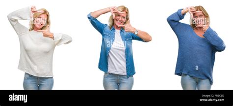 Collage Of Beautiful Middle Age Blonde Woman Over White Isolated Backgroud Smiling Making Frame