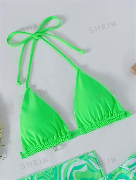 SHEIN X Hangout Fest SHEIN Swim Verão praia halter triângulo neon topo gravata lateral bikini