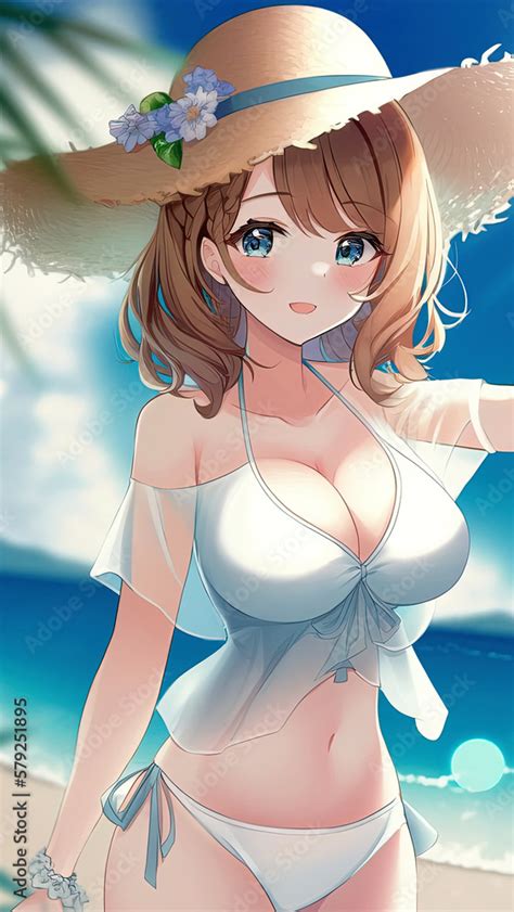 Sexy Anime Girl With Big Breasts On Beach In Summer On Vacation Manga