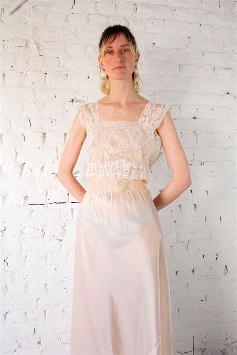 1930s Baby Pink Satin Rayon White Lace Embroidered Nightgown Vintage 30s Art Deco Lingerie