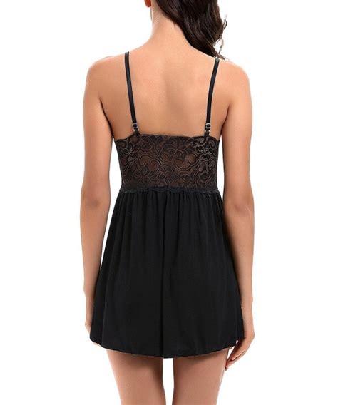 Women Lace Lingerie Sleepwear Chemises V Neck Full Slip Babydoll Nightgown Dress Black