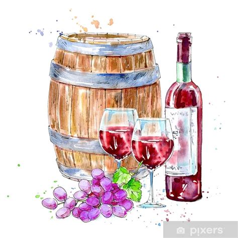 Póster Botella De Vino Tinto Vasos Barril De Madera Y Uvas Imagen De