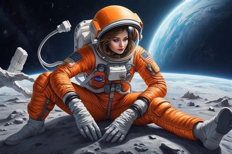 Premium Photo A Woman In An Orange Astronaut Suit Sits In A Space Suit