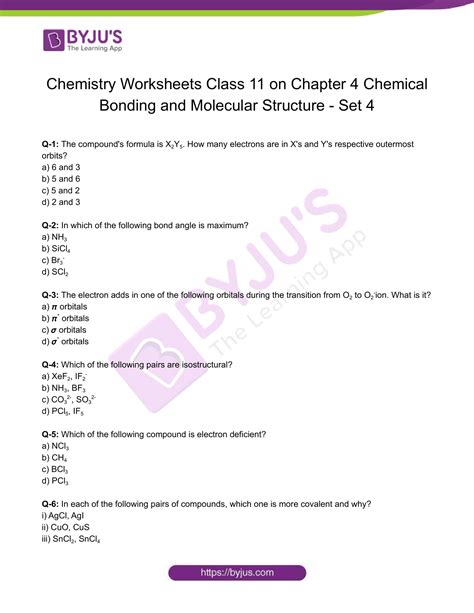 Class 11 Chemistry Worksheet On Chapter 4 Chemical Bonding And