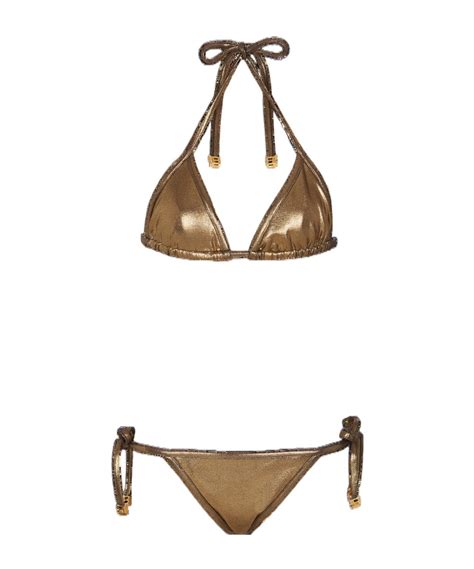 Balmain Metallic Triangle Bikini Set In Gold Modesens