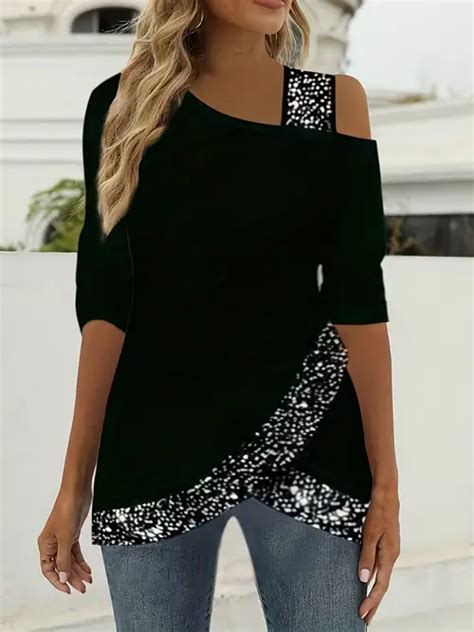 Rhinestone Color Block T Shirt Casual Long Sleeve Cold Shoulder T