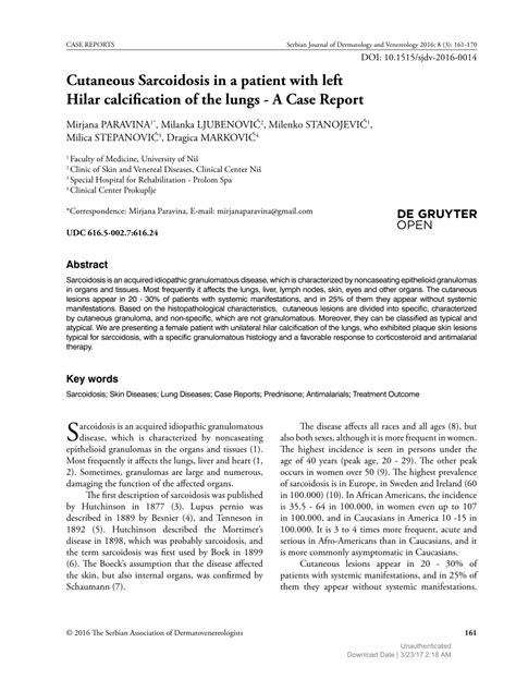 Pdf Cutaneous Sarcoidosis In A Patient With Left Hilar Calcification