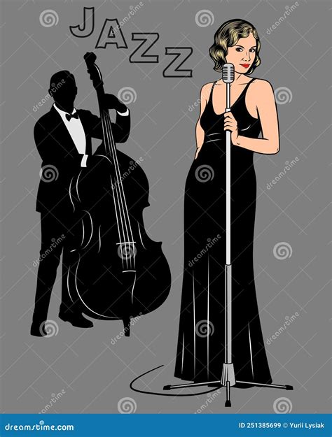 Jazz Singer Girl And Double Bass Player In Retro Stile Stock Vector Illustration Of Night