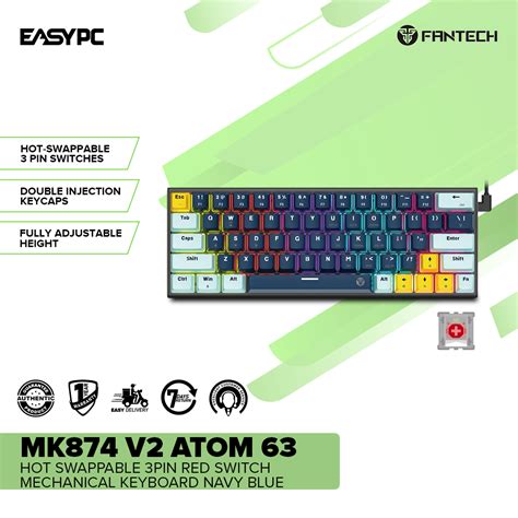 Fantech Mk V Atom Hot Swappable Pin Red Switch Mechanical Keyboard Navy Blue Wp