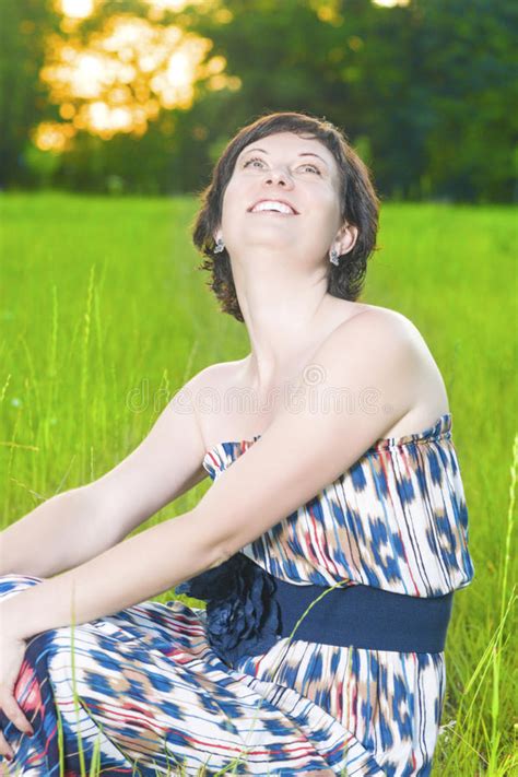 Portrait Of Smiling Caucasian Brunette Woman Posing Outdoors Stock Photo Image Of Decoration