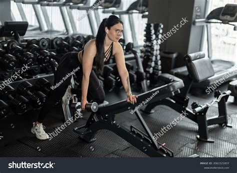 Sexy Fitness Brunette Woman Doing Dumbbell Stock Photo