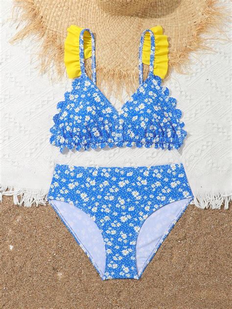 Teen Girl 2pcs Bikini Set Split Type Random Print Ruffle Trim Without Lock Edge Summer Beach