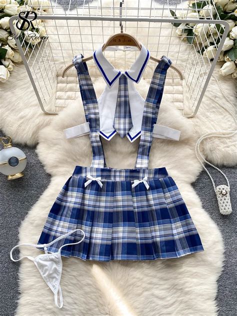 Singreiny French Sexy Jk Uniform Night Dress Hollow Out Tie Slim Nightwear Erotic Plaid Lingerie