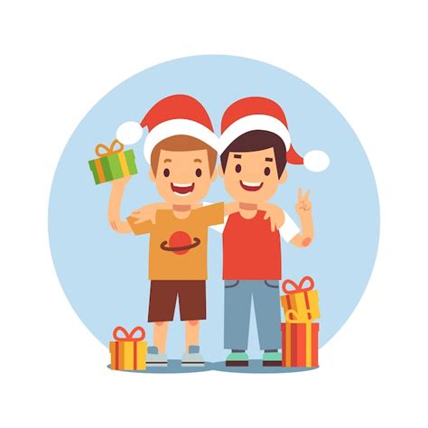 Dois Meninos Dos Desenhos Animados Comemoram O Natal E Ano Novo Vetor