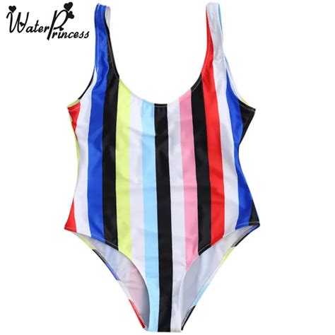 Water Princess One Piece Bikini Swimsuit Sexy Women Rainbow Striped Bodysuit Monokini Swim