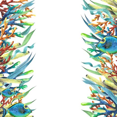 Рамка с кораллами водорослями рыбками яркая акварельная иллюстрация для ...