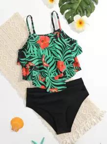 Shein Tween Girl Tropical Print Layer Hem Bikini Set Summer Beach For Sale Australia New