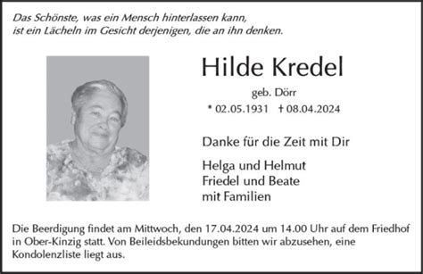 Traueranzeigen Von Hilde Kredel Vrm Trauer De