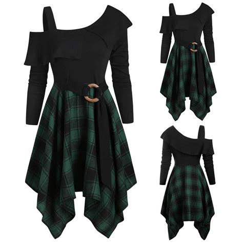 Buy Clothes Womne Plus Size Plaid Skew Neck Belted Handkerchief Dress