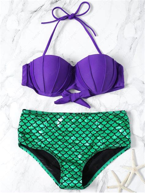 Off Fish Scale Halter Mermaid Bikini Set In Green Zaful