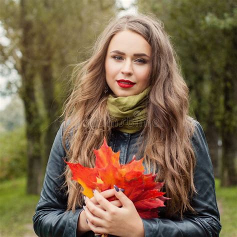 autumn woman fashion model  fall park outdoors stock photo image