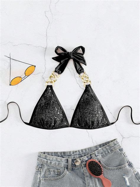 SHEIN Swim SXY Top bikini triángulo con lentejuelas vinculado con cadena halter Mode de Mujer