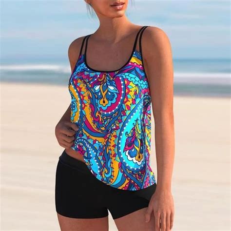 Maillot de Bain Pièces Femme Tankini Ensembles Maillots Bikini Set Imprimé sans Manches