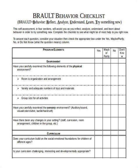 behavior checklist template   word  format