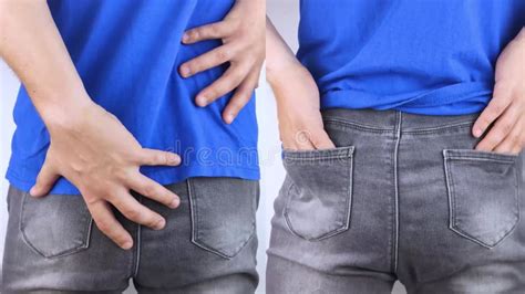 Before And After Pain In Ass Conceptual Shot Of Anal Problems On Left The Man Grabbed His In