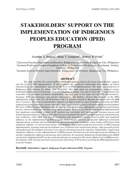 Pdf Stakeholders Support On The Implementation Of Indigenous Peoples