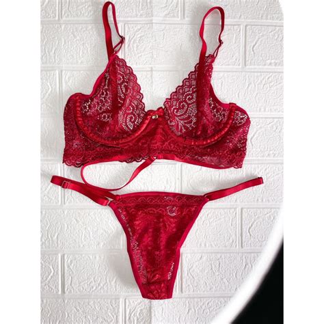 Conjunto Calcinha Fio Dental De Renda Suti De Renda Sem Bojo Biju E Aro Lingerie