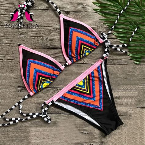 Topmelon Bikini Set New Mini Micro Swimwear Printing Halter Brazilian Push Up Beachwear