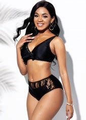 Black Bowknot Detail High Waist Lace Panel Bikini Set Rosewe Usd