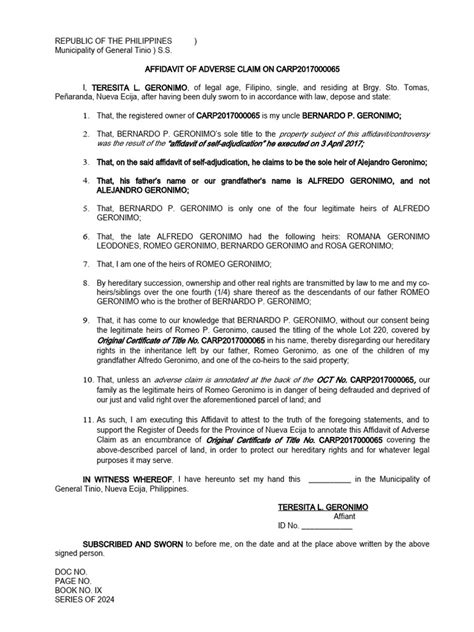 Affidavit Of Adverse Claim Teresita Geronimo Pdf Common Law