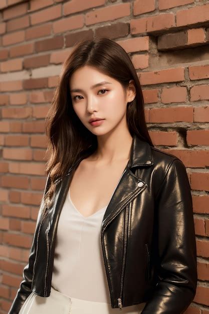 Premium AI Image Portrait Of Beautiful Japanese Women With Brunette Lob Hair Leather Moto