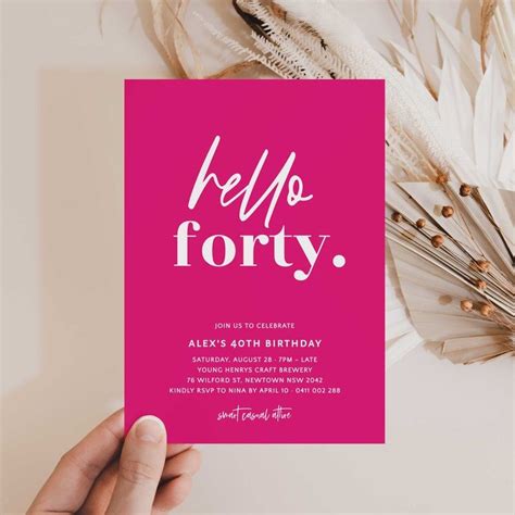 Hot Pink Th Invitation Hello Forty Minimal Th Invitation Etsy