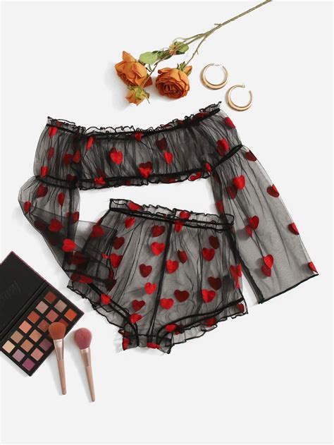 Pack Heart Print Mesh Frill Trim Bandeau Lingerie Set Artofit