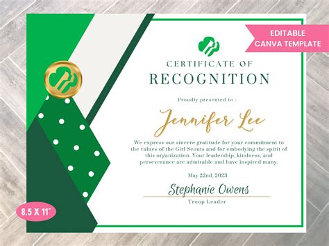 Girl Scout Certificate Of Recognition Template Girl Scout Etsy