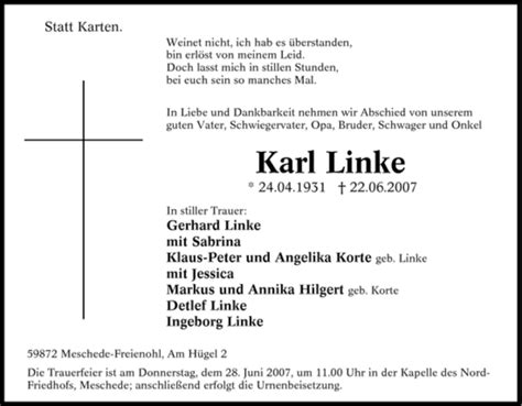 Traueranzeigen Von Karl Linke Trauer In Nrw De