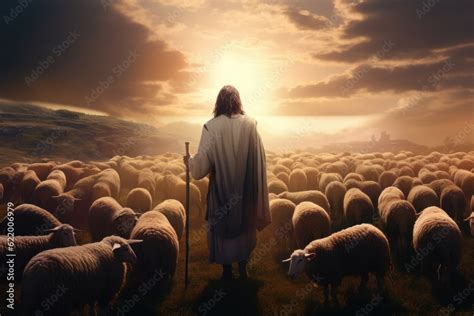 Poignant Depiction Of Shepherd Jesus Christ Compassionately Leading A