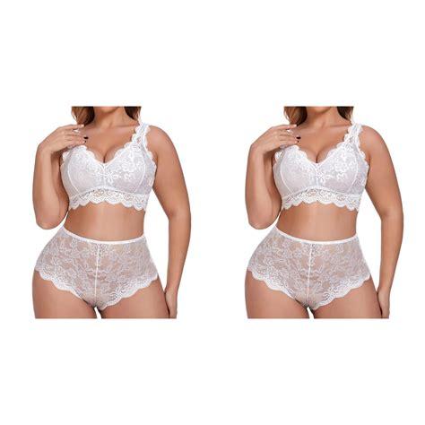 Pack Plus Size Lingerie V Neck High Waist Floral Lace Bra And Panty Piece Set No Underwire