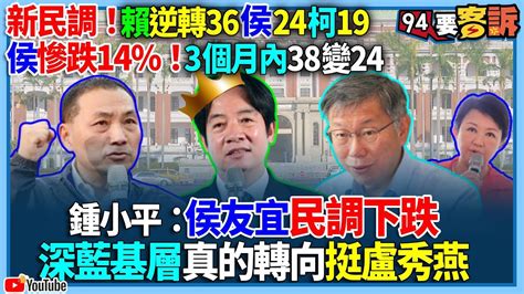 【94要客訴】新民調！賴逆轉36侯24柯19！侯慘跌14！3個月內38變24！鍾小平：侯友宜民調下跌！深藍基層真的轉向挺盧秀燕 Youtube