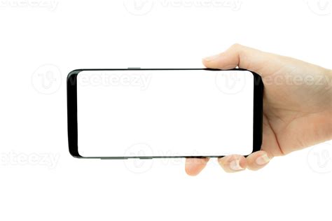 Woman Hand Holding Black Mobile Phone With White Screen At The B 36110242 Png