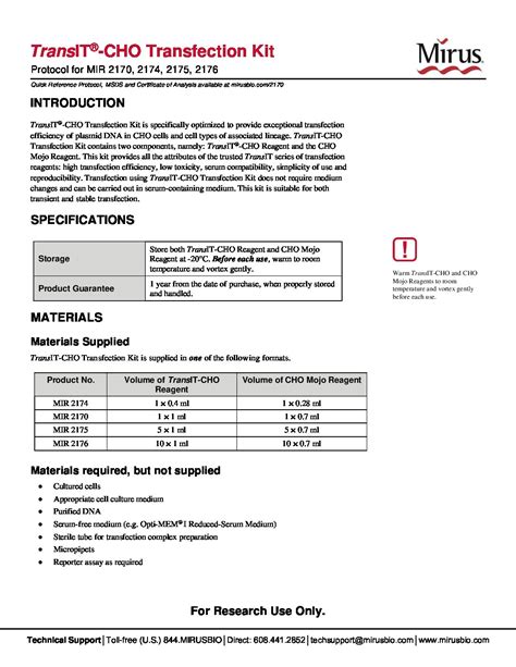 Sopachem Life Sciences Ml019 Transit Cho Transfection Kit Sopachem