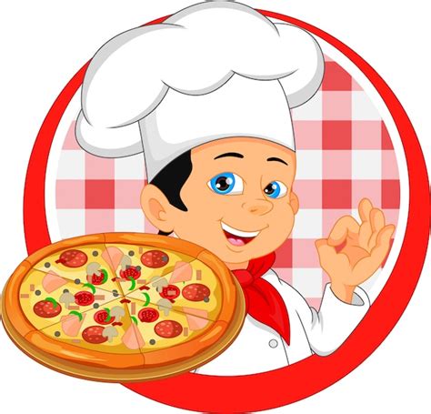 Dibujos Animados De Chef De Niño Con Pizza Vector Premium