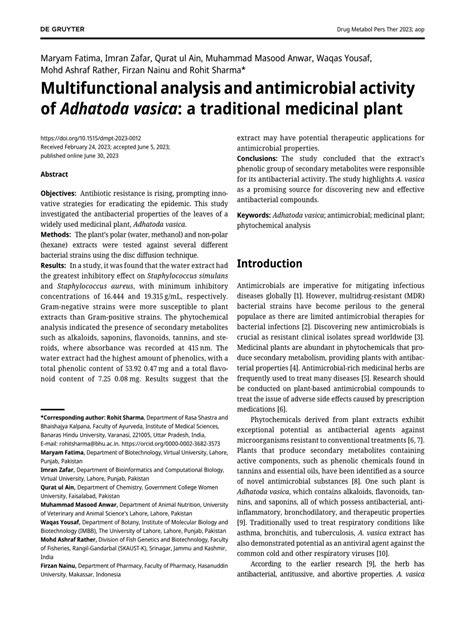 PDF Multifunctional Analysis And Antimicrobial Activity Of Adhatoda