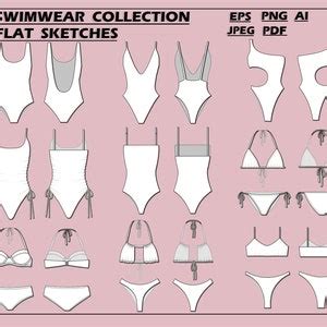 Swimsuits Set Bundle Vector Bikini Fashion Flat Sketch For Adobe Illustrator Technical Drawing