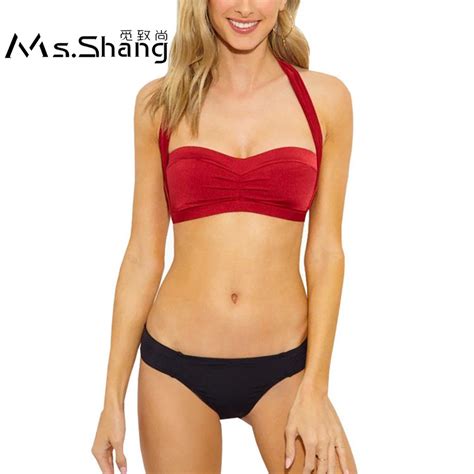 Ms Shang Red Sexy Bandeau Bikini Push Up Swimwear Women Halter Top Swimsuit 2019 Low Waist